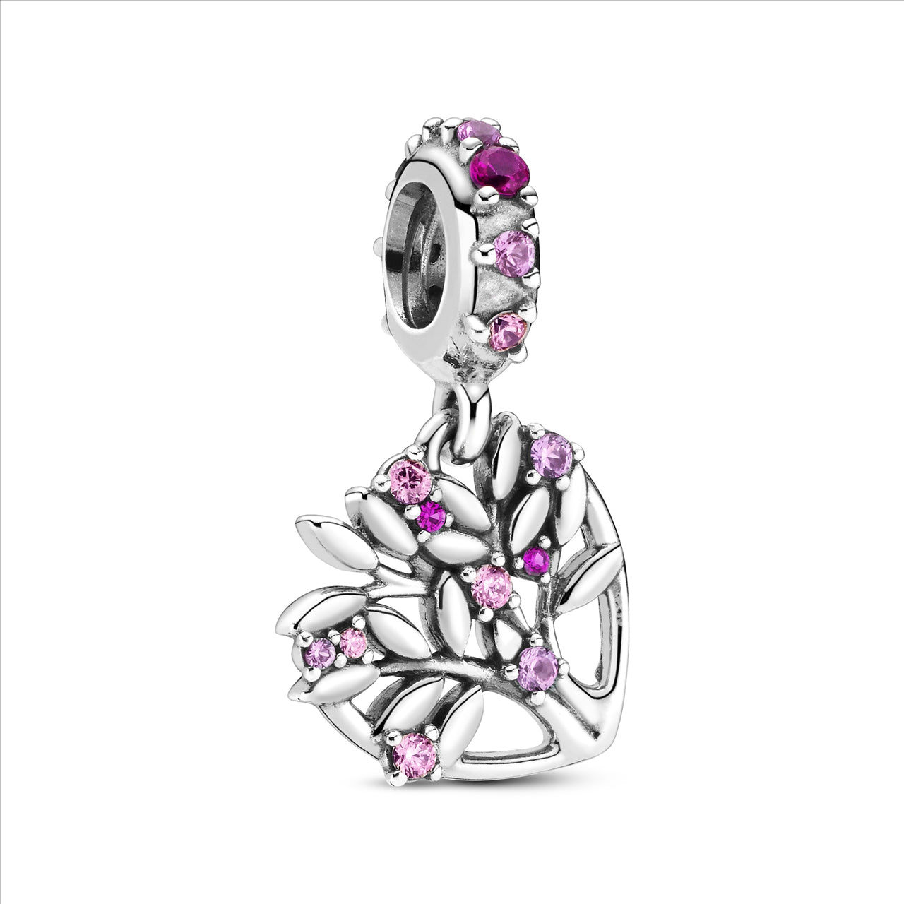 Pandora Family Tree Silver Charm w Fancy Pink CZ Synthetic Pink Sapphire & Synthetic Ruby