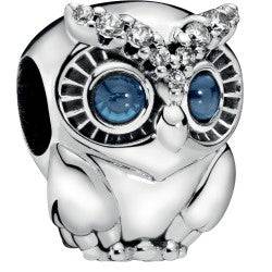 Sparkling Owl Silver Charm w Blue Crystals & Clear CZ