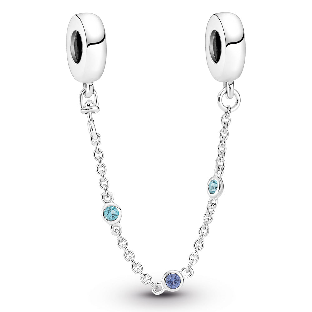 Sterling silver safety chain with stellar blue and skylight blue crystal
