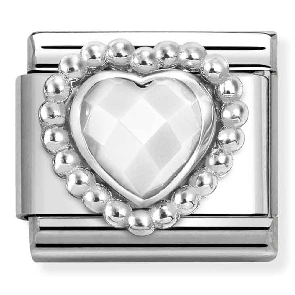 , Steel With 925 Sterling Silver Heart With Dots Beaded Setting White Opalescent Cz