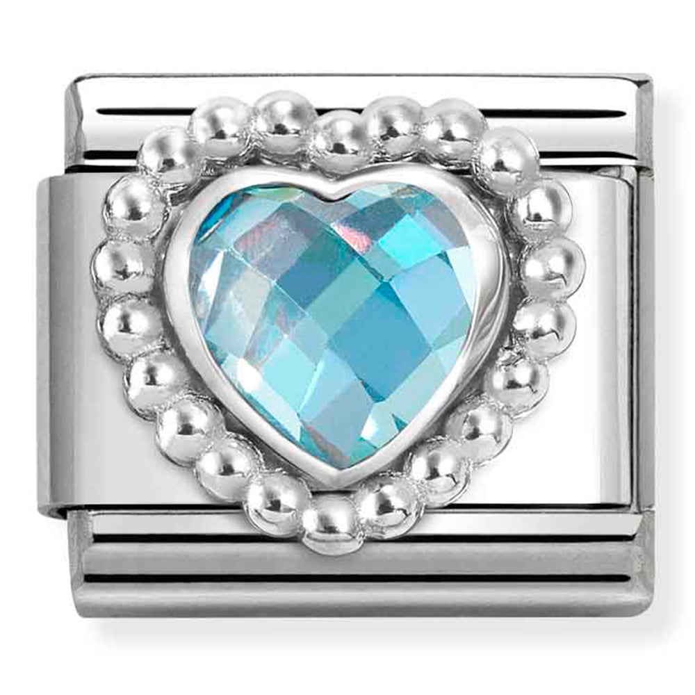 Nom 330606 006 Comp Classic Faceted Cz, Steel With 925 Sterling Silver Heart With Dots Beaded Setting Light Blue