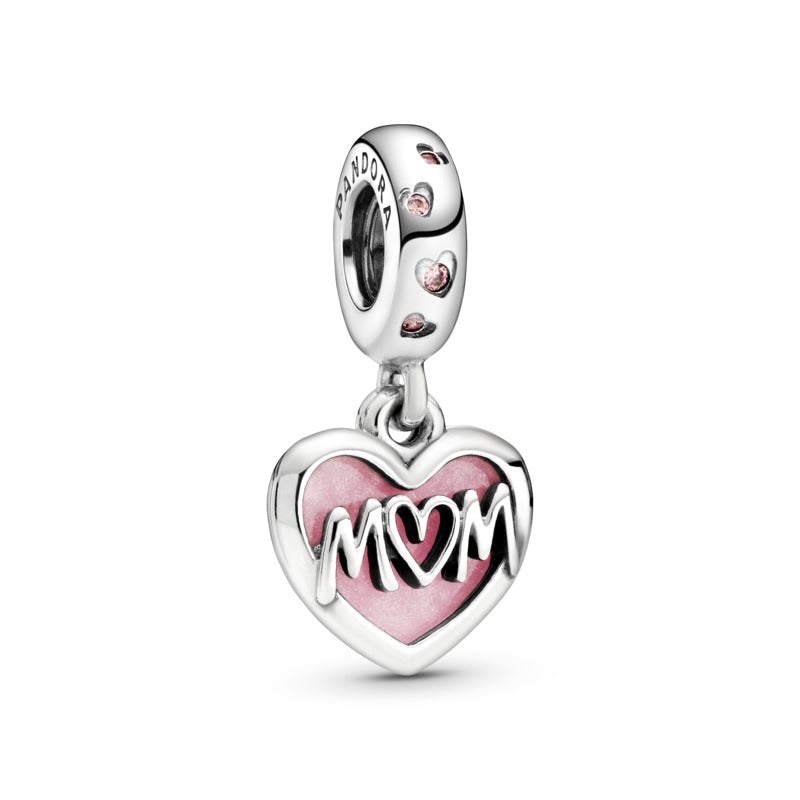 Mum Script Heart Silver Hanging Charm w Shaded Pink Enamel