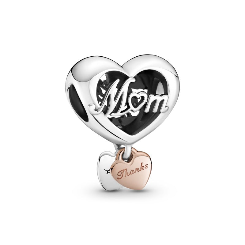 Thank you Mum Hanging Heart Silver Charm with Pandora Rose heart