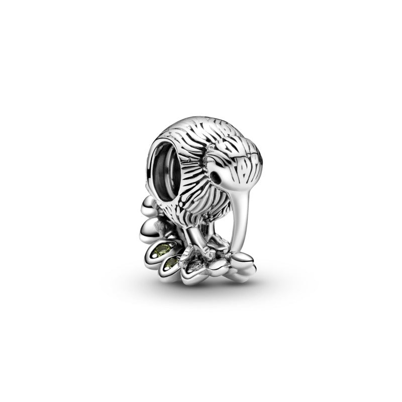 Kiwi & Fern Leaf Silver Charm w Light Green Crystal & CZ