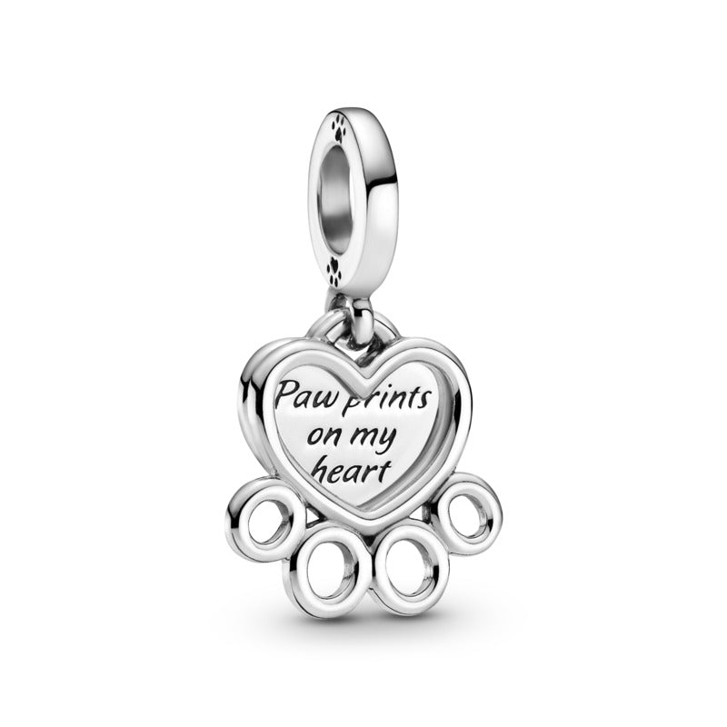 Hearts & Paw Print Hanging Silver Charm