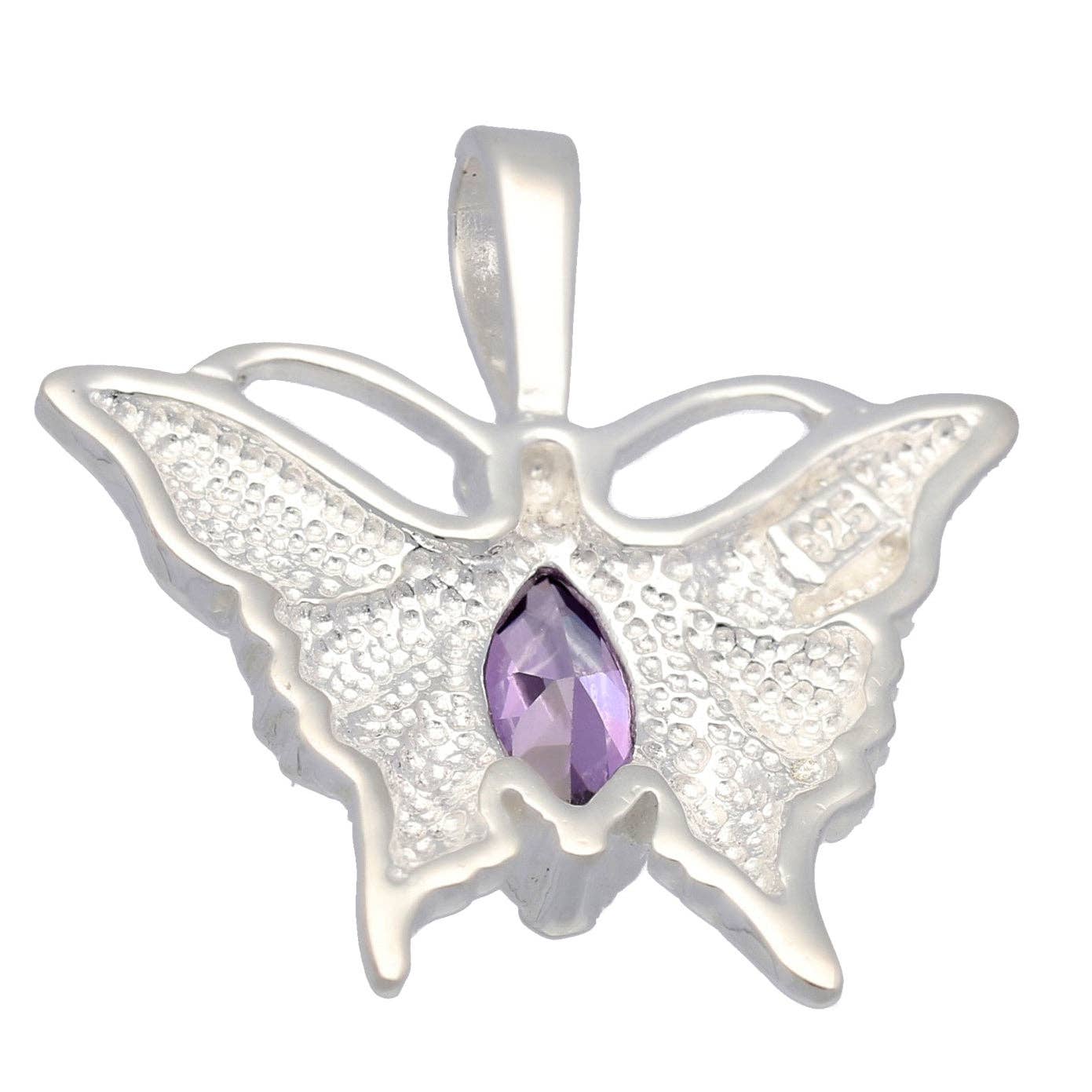 Etched Wing Butterfly and Purple CZ Sterling Silver Pendant