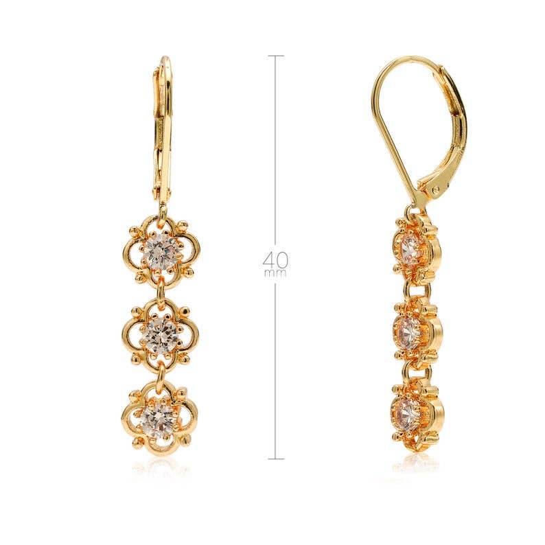 Golden Daffodil Flower 18ct Yellow Gold plated set with Round Champagne Cubic Zirconia CZ Drop Dangle Earrings Wedding-Gift-Jewelry