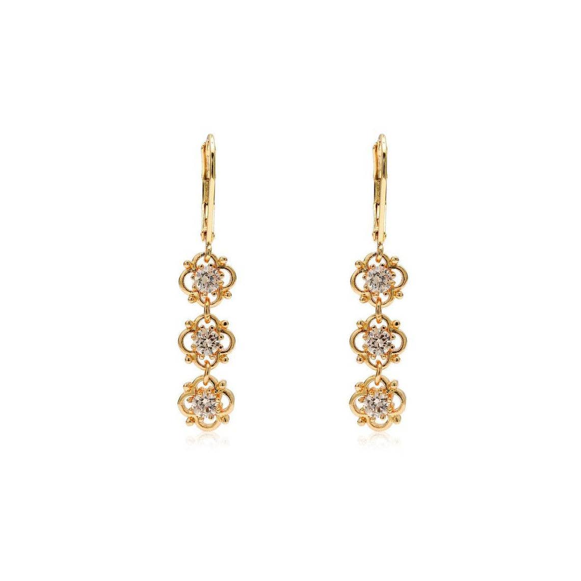 Golden Daffodil Flower 18ct Yellow Gold plated set with Round Champagne Cubic Zirconia CZ Drop Dangle Earrings Wedding-Gift-Jewelry