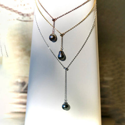 Sterling Silver Rose Gold Plated Black Tahitian Black Pearl Y Necklace-Bridal Gift