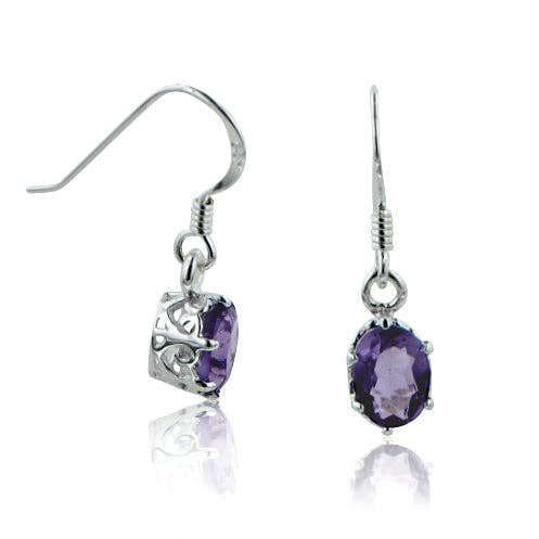 Genuine Amethyst Filigree Basket Small Sterling Silver Hook Earrings