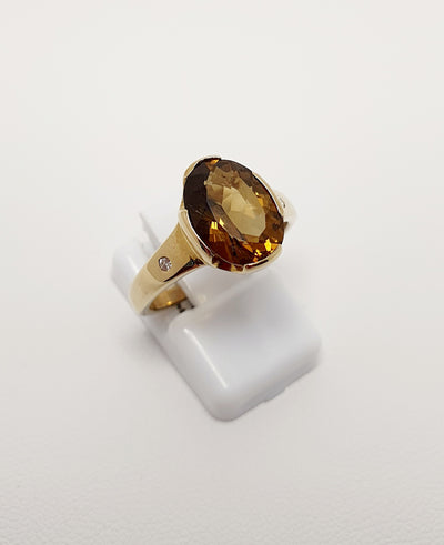 9Ct Yellow Gold Oval Cognac Quartz Ring With Diamond Accents