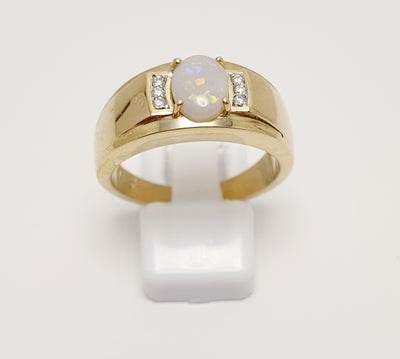 9Ct Yellow Gold Solid White Opal With Diamond Accents