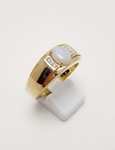 9Ct Yellow Gold Solid White Opal With Diamond Accents