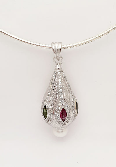 Handmade Silver Drop Pendant with Natural Pink and GreenTourmaline, Zircon, and Pearl