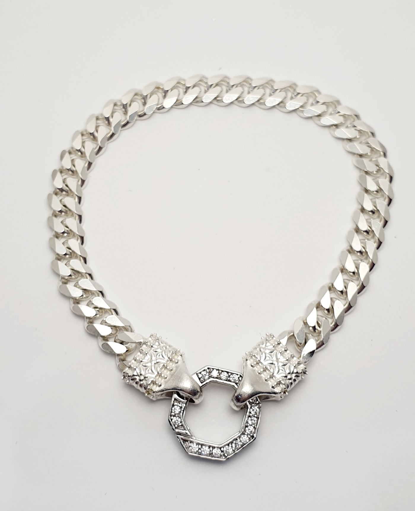 Handmade Silver Diamond Cut Curb Bracelet with Ornate finals & Zircon Euro Clasp