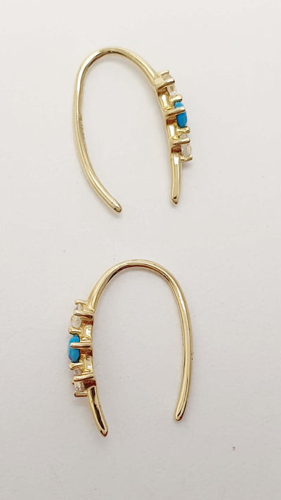 14K Yellow Gold Turquoise Cabochon and White Sapphire Hook Earrings