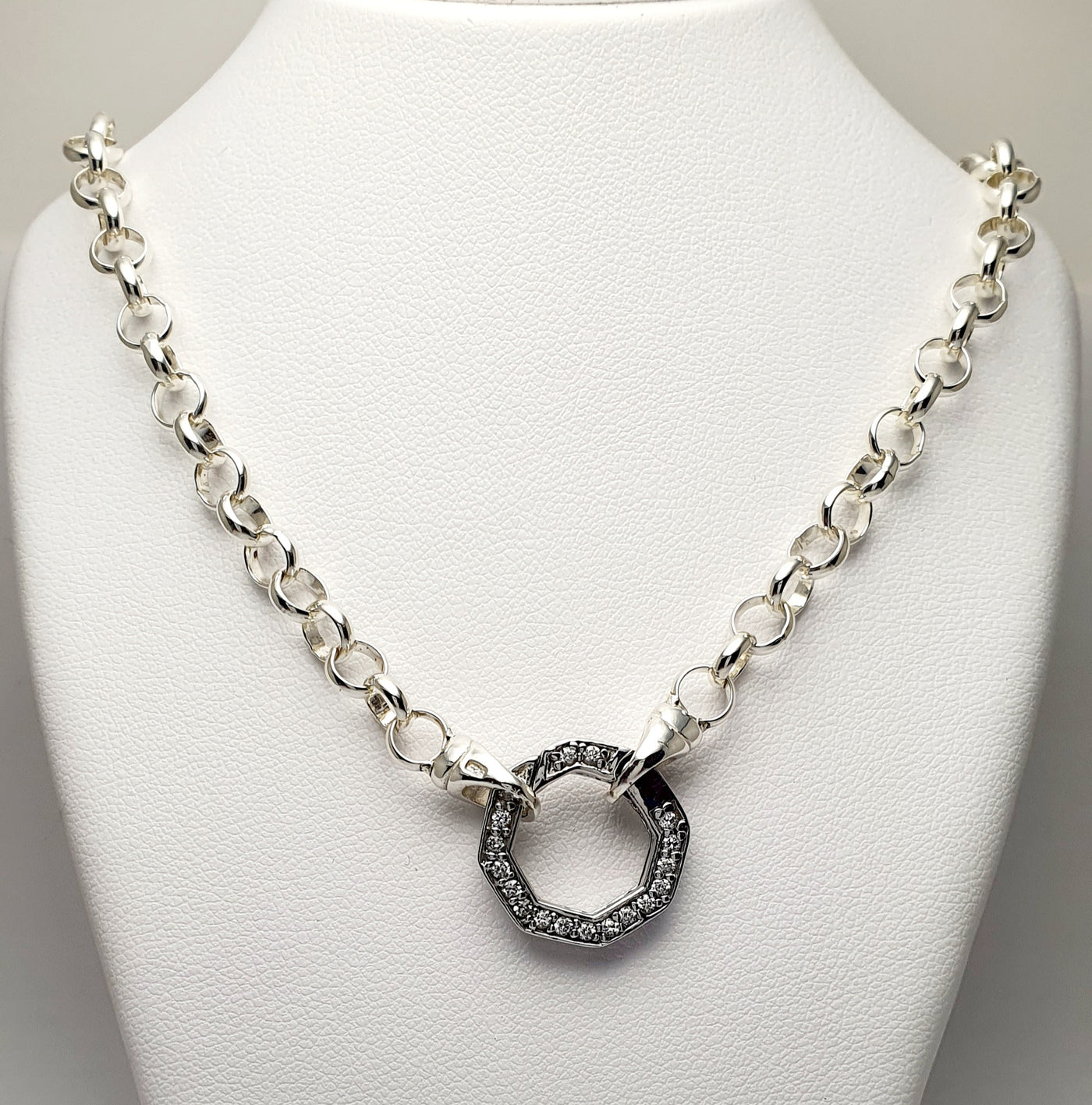 Handmade Sterling Silver, 70cm Solid Round Belcher Chain with Zircon Set Euro Clasp