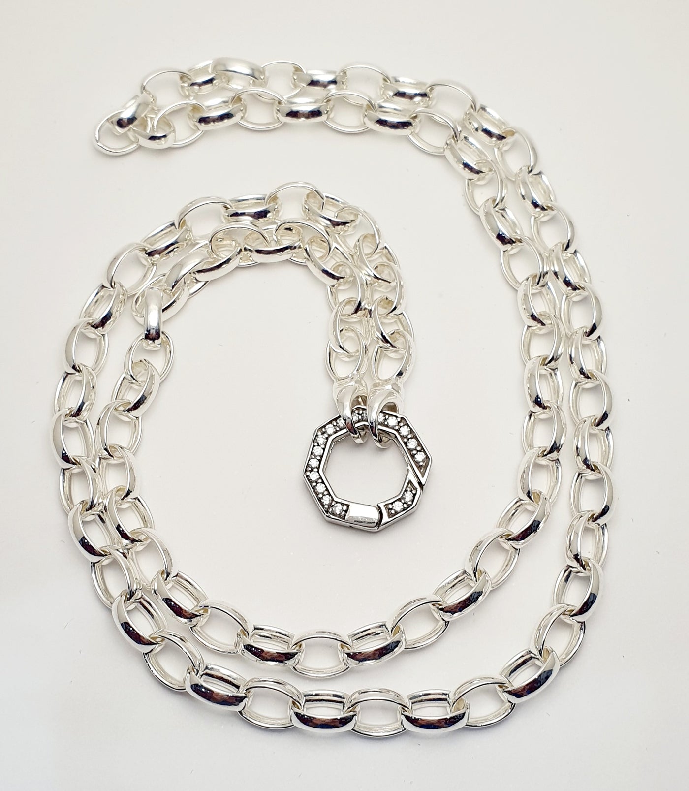 Handmade Sterling Silver, 66cm Solid Oval Belcher Chain with Zircon Set Euro Clasp