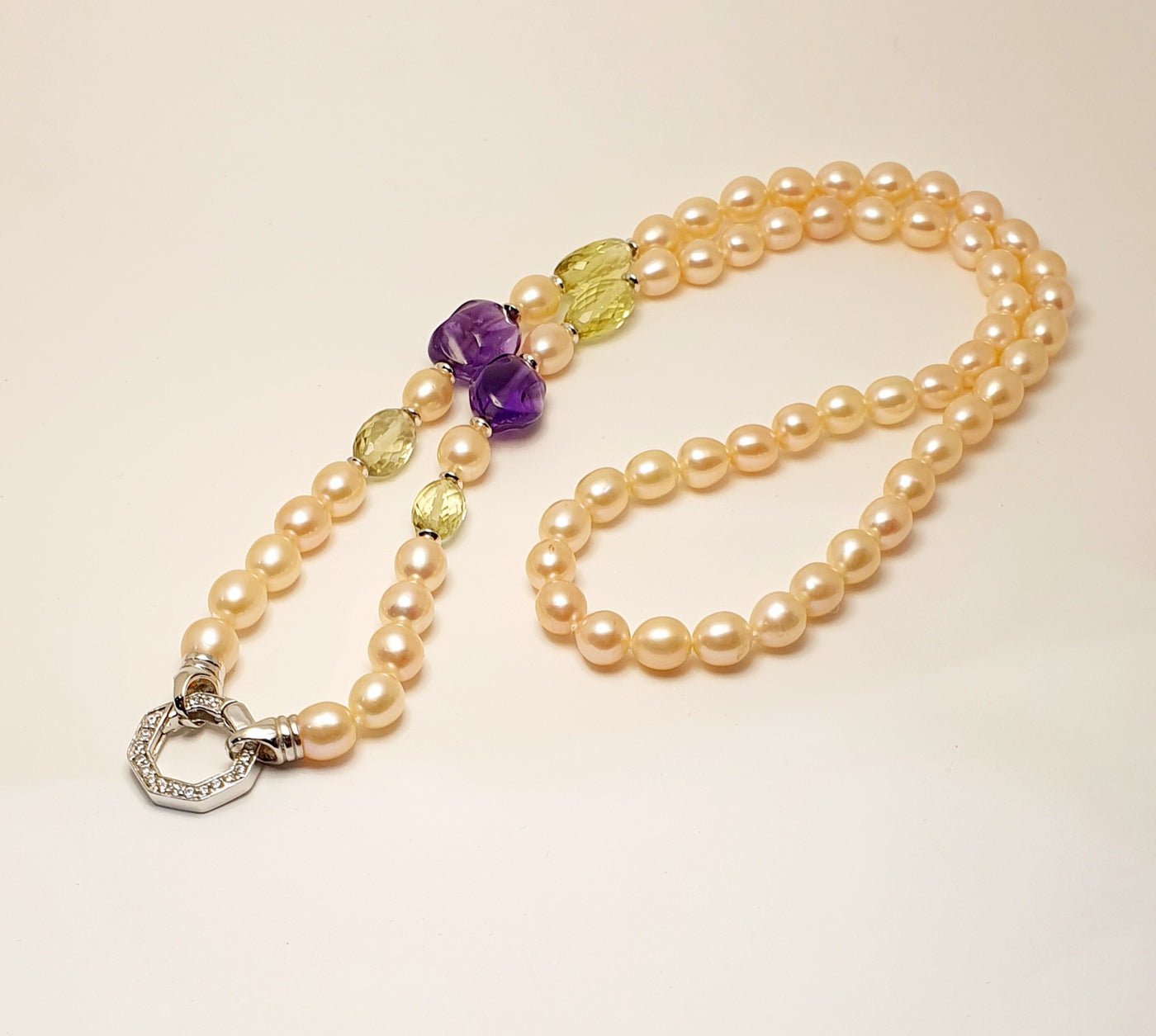 Strand Of Peach Freshwater Pearls With Amethyst And Lime Quartz