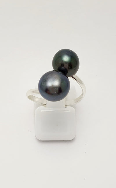 Sterling Silver Ring with 2 Dyed Freshwater Pearls. Open Style Adjustable Size M - P
