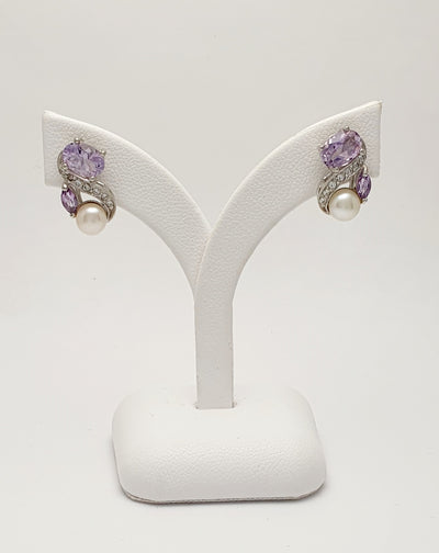 Sterling Silver Freshwater Pearl, Amethyst, and Cubic Zirconia Lever Back Earrings