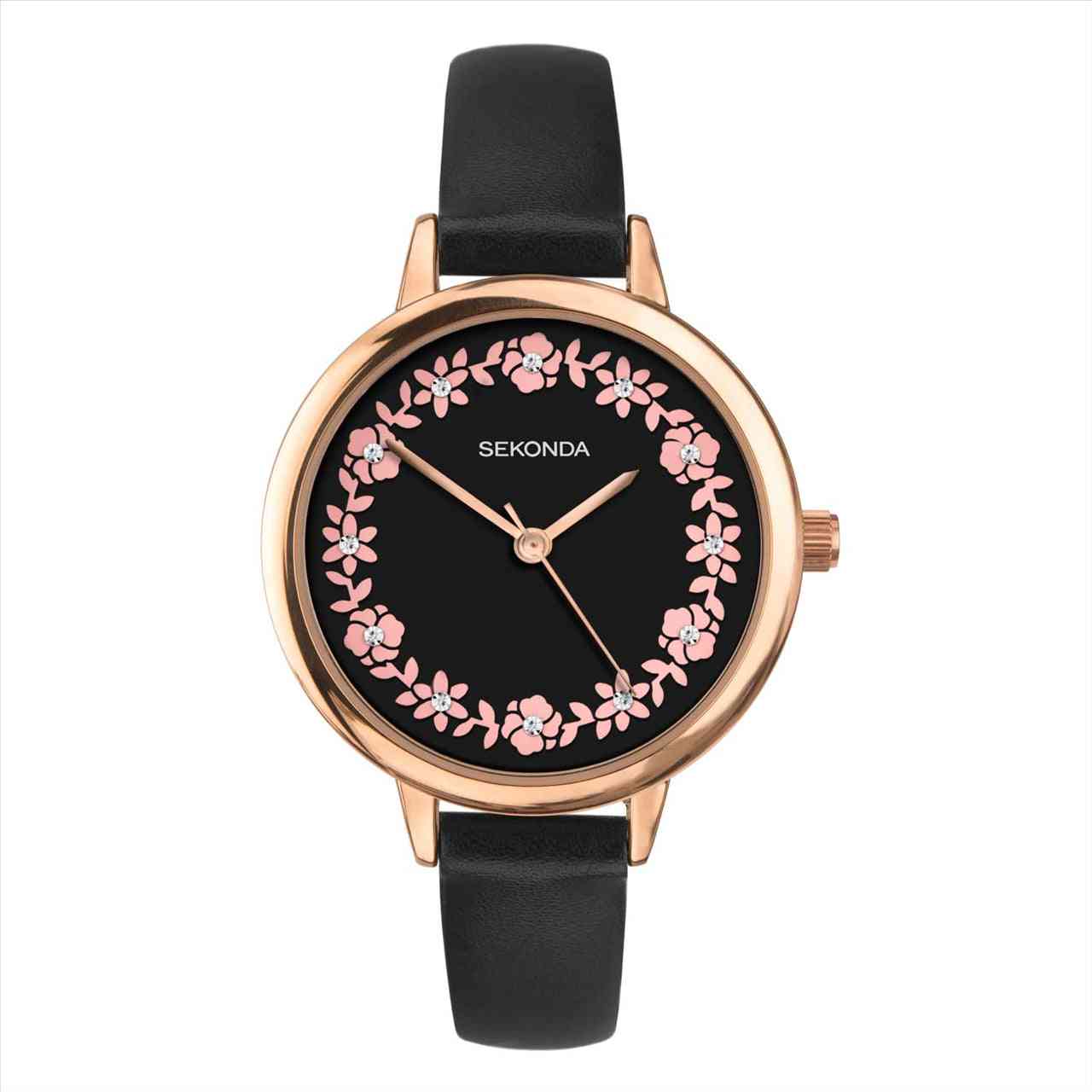 Sekonda Rose Gold Plated Case Dark Floral Dial With Stones 34Mm Ladies Watch