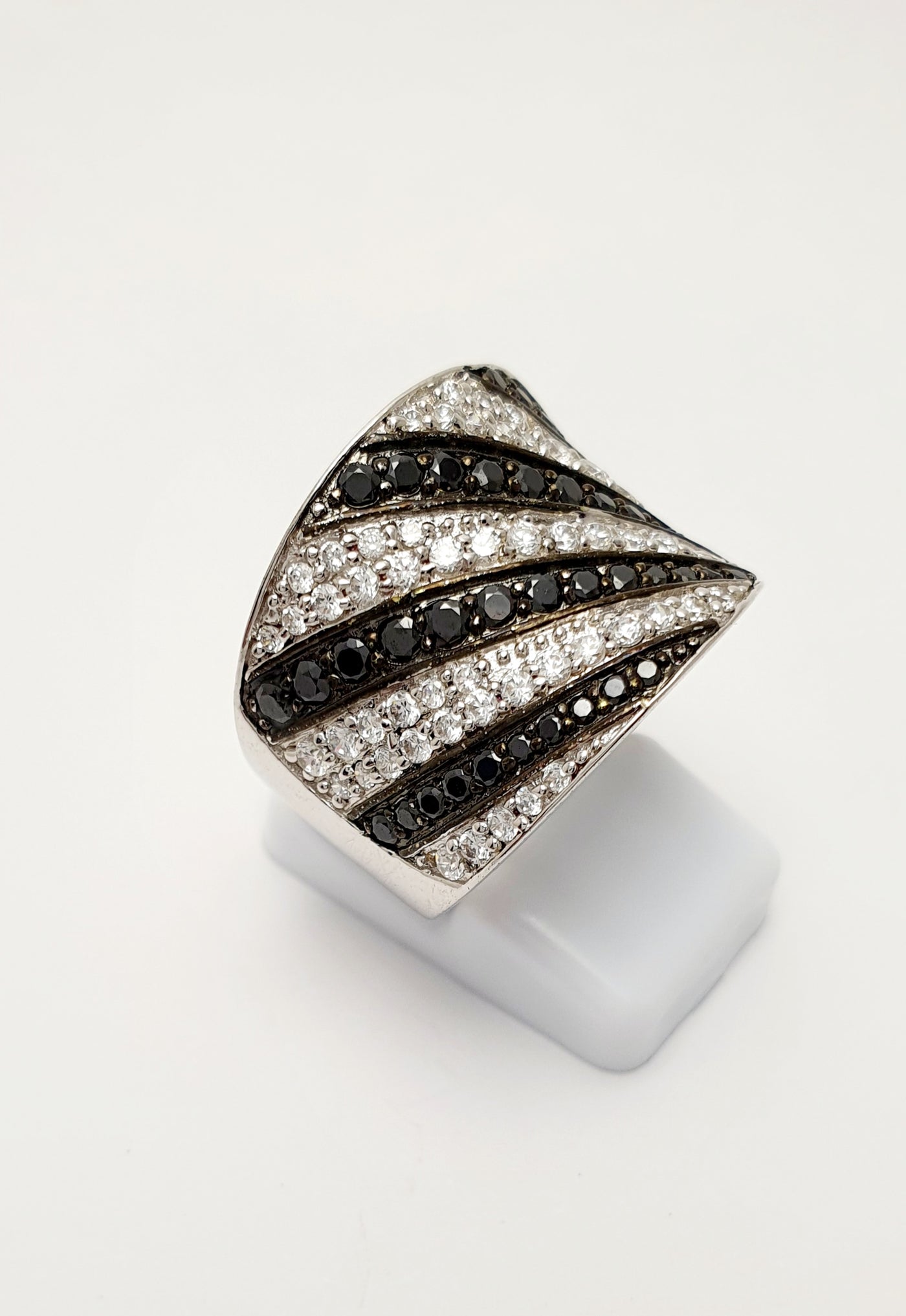 Sterling Silver Diagonal Design Wide Pave Ring with White and Black Cubic Zirconias