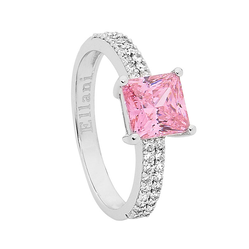 Sterling Silver Ring with Princess Cut Pink Cubic Zirconia and White Cubic Zirconias
