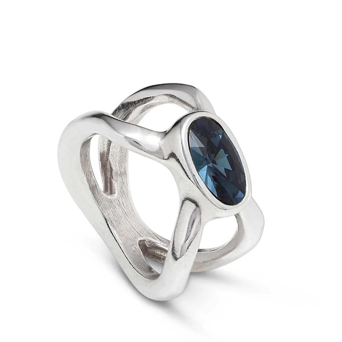 Uno Guardian Ring. Silver-Plated Metal Alloy Ring With Crossed Spider L Shape And Blue Crystal.