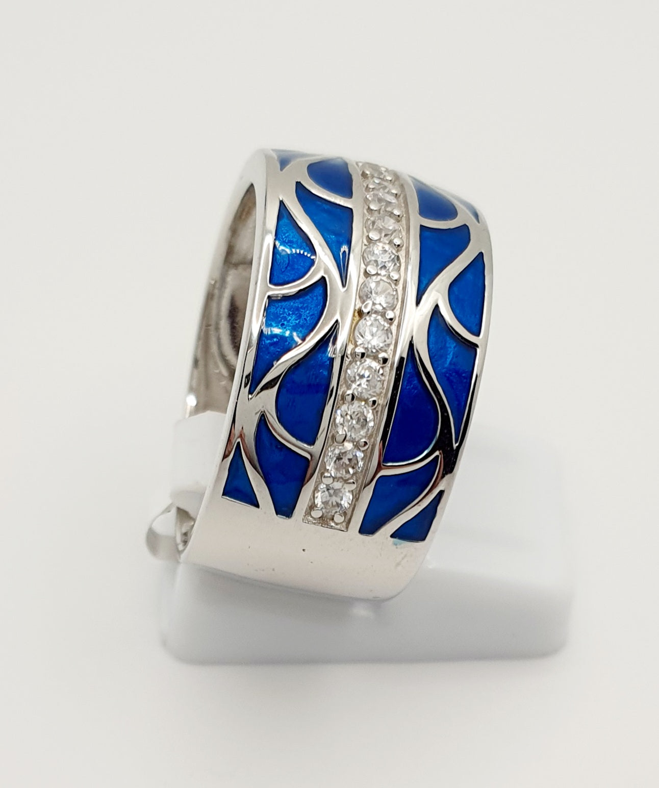 Sterling Silver Blue Enamel W/ Wave Design & White Cubic Zirconia Ring