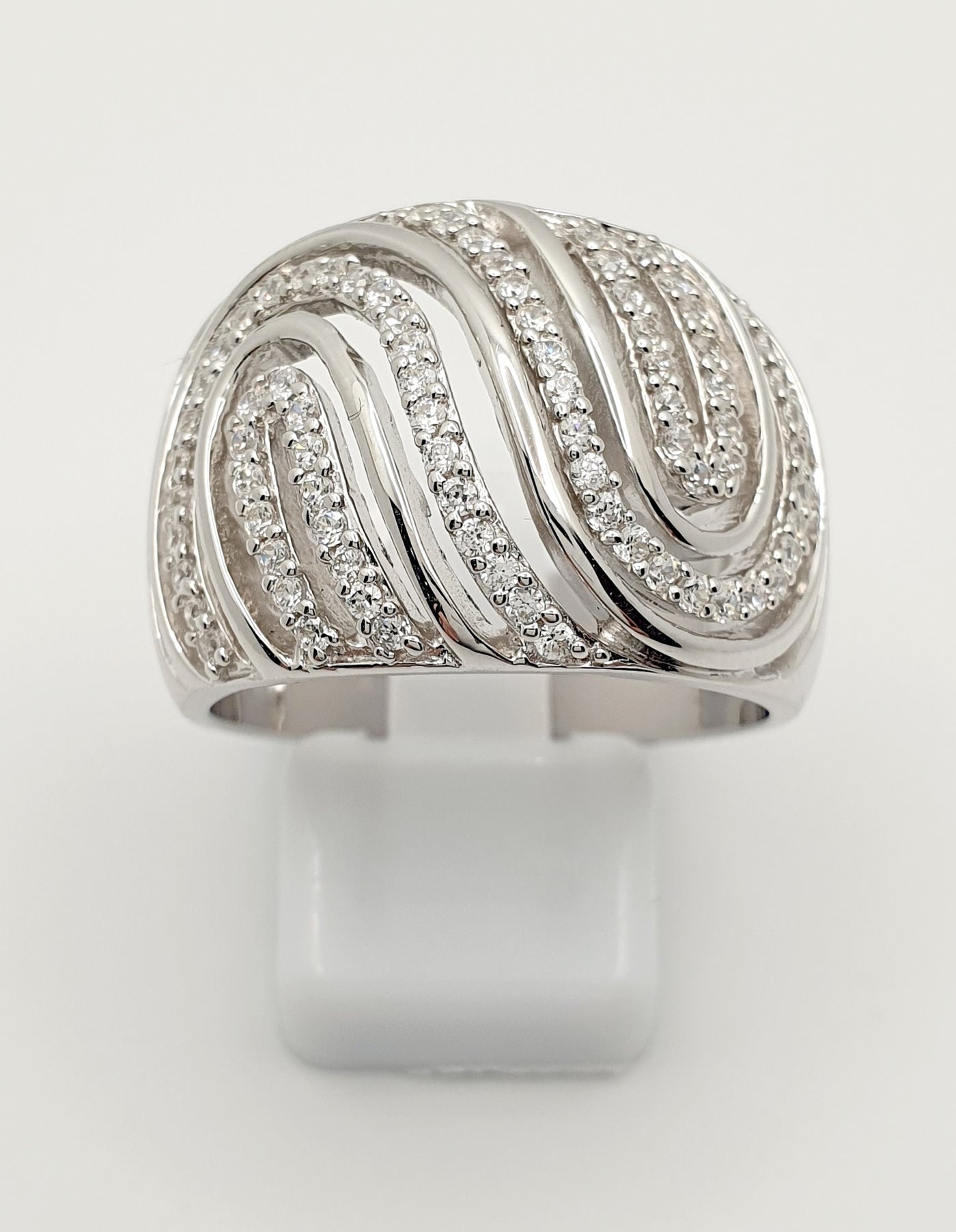 Sterling Silver, Wide Band Multi Swirl Ring w/ White Cubic Zirconias