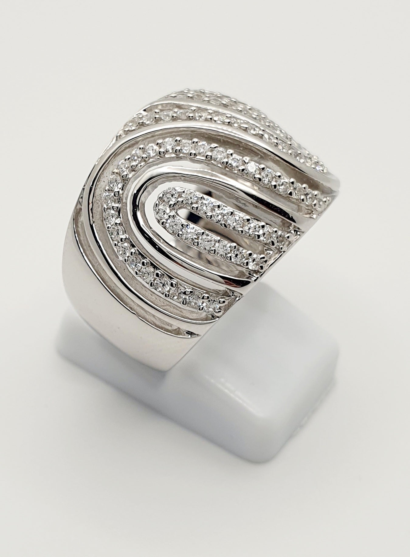 Sterling Silver, Wide Band Multi Swirl Ring w/ White Cubic Zirconias