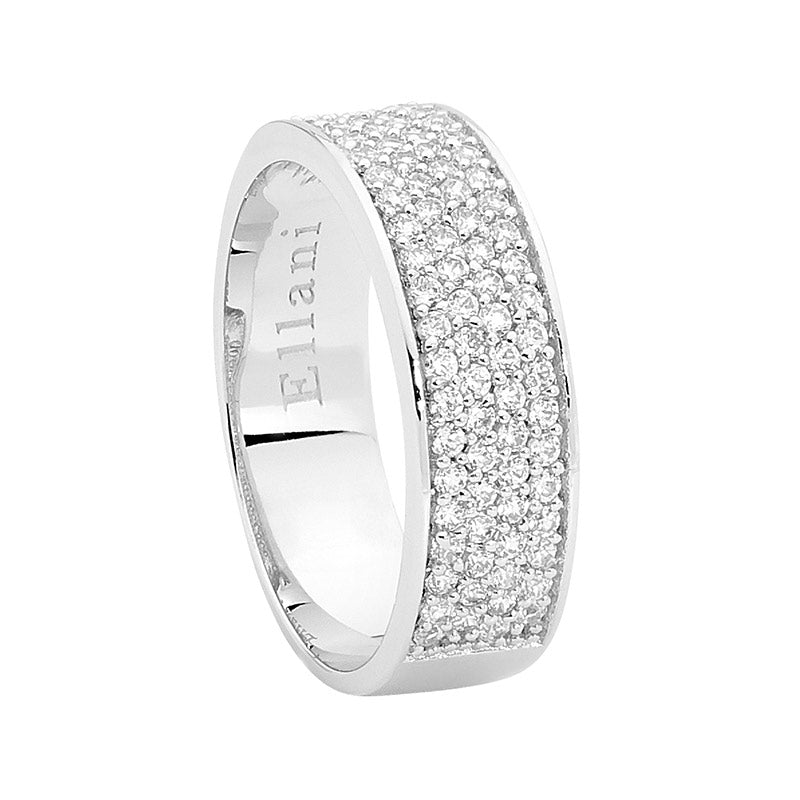 Sterling Silver Rhodium Plated 4 Row Pave Ring With Raised Edge