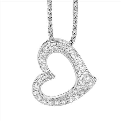 Ellani S/S White Cz Pave Heart Pendant & Chain