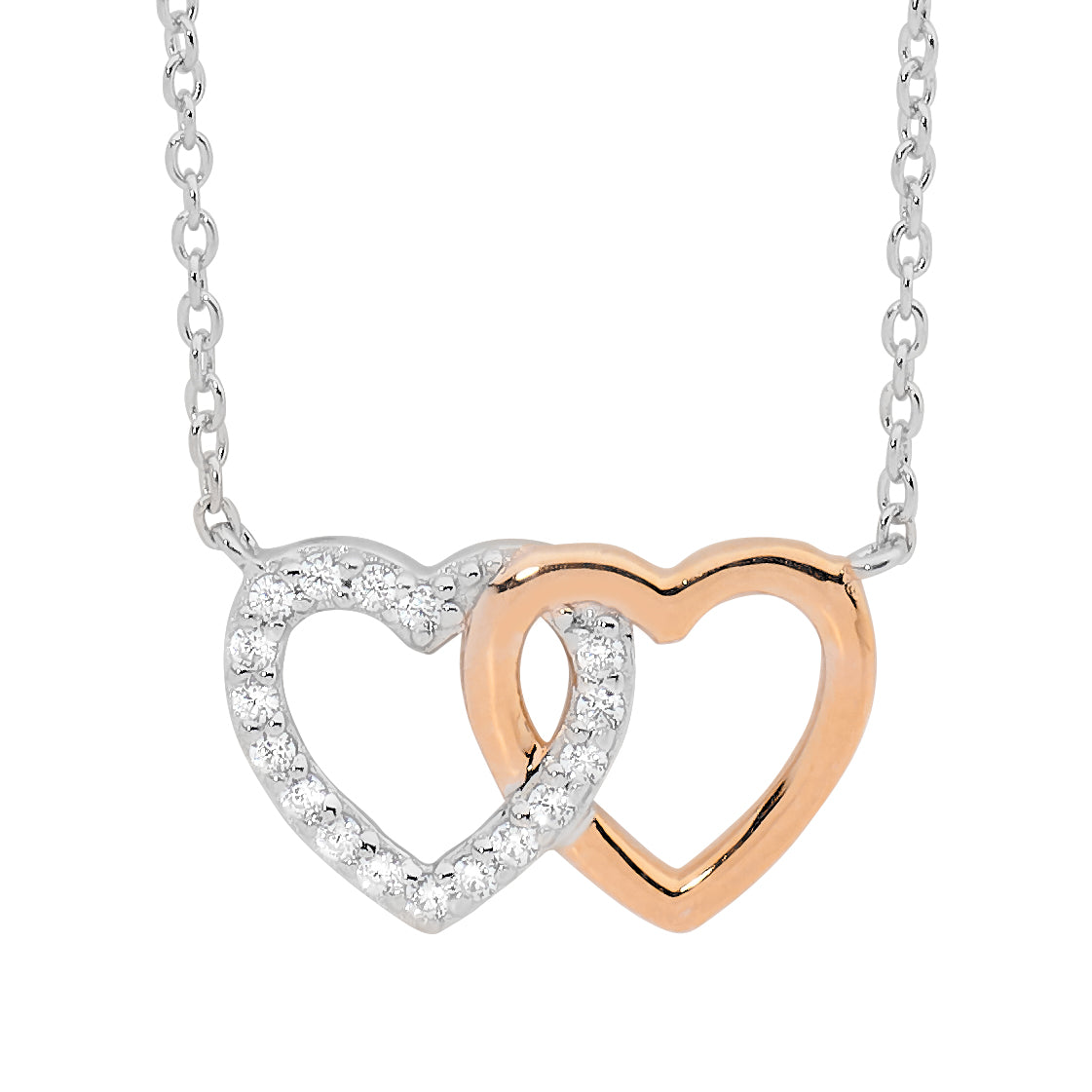 S/S Wh/Cz Double Link Heart Attached Chain With Rg Plated Heart