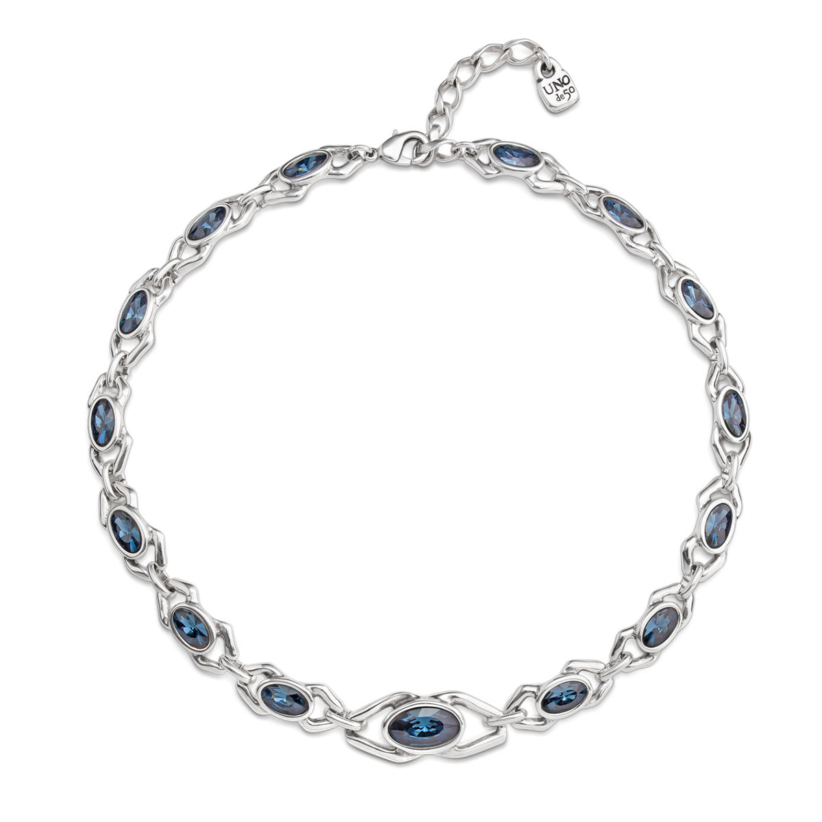 Uno. Madame Necklace. Silver-Plated Necklace With Shaped Links And Blue Crystals. 41Cm And 6Cm Ext.