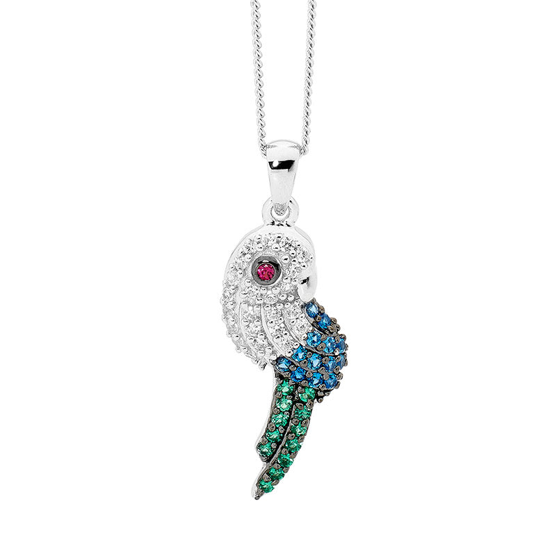 Sterling Silver Rhodium Plated Coloured Cz Parrot Pendant