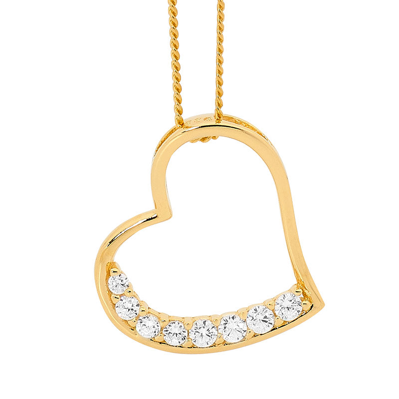 Sterling Silver Gold plated Heart Pendant set with 8 x White CZ & chain