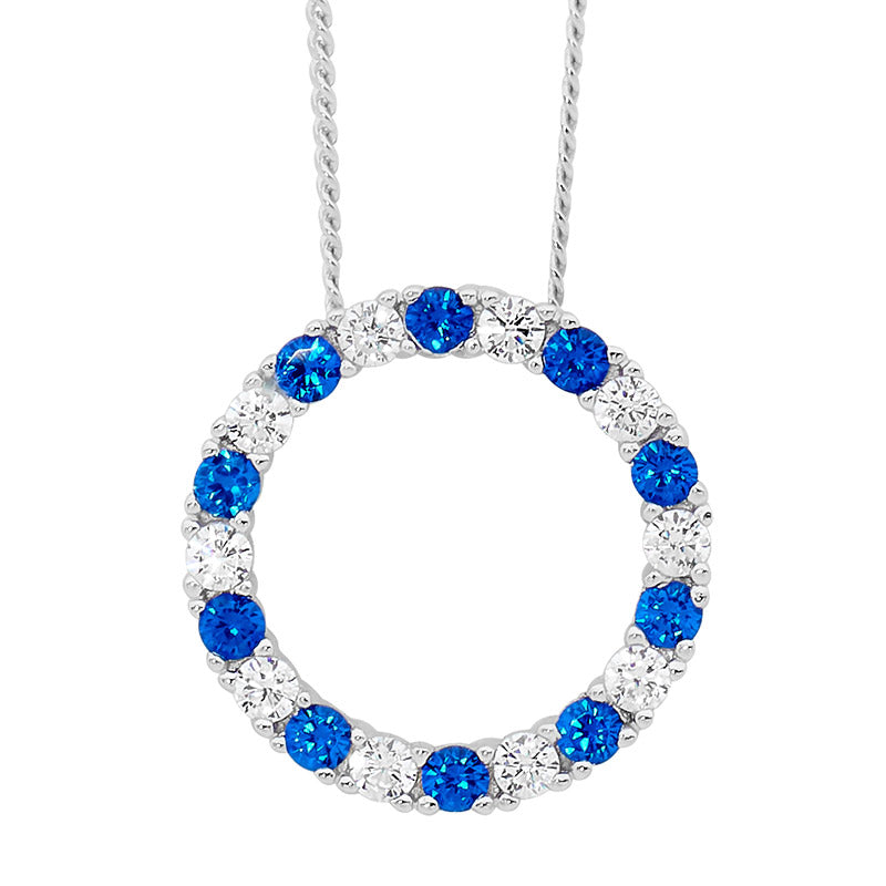 Sterling Silver Rhodium Plated 16Mm Open Circle Pendant set with White & Blue Cz