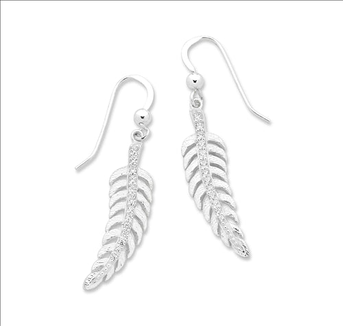 Sterling Silver Cz Leaf Hook Earrings
