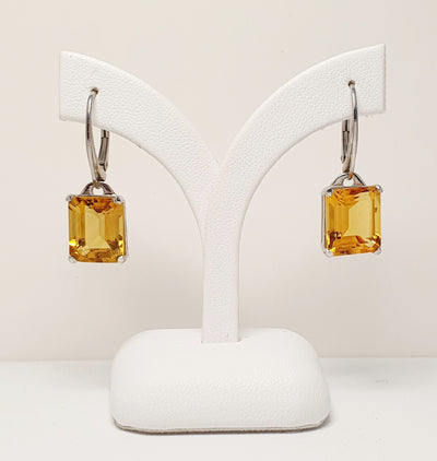 STERLING SILVER EMERALD CUT CITRINE LEVER BACK EARRINGS