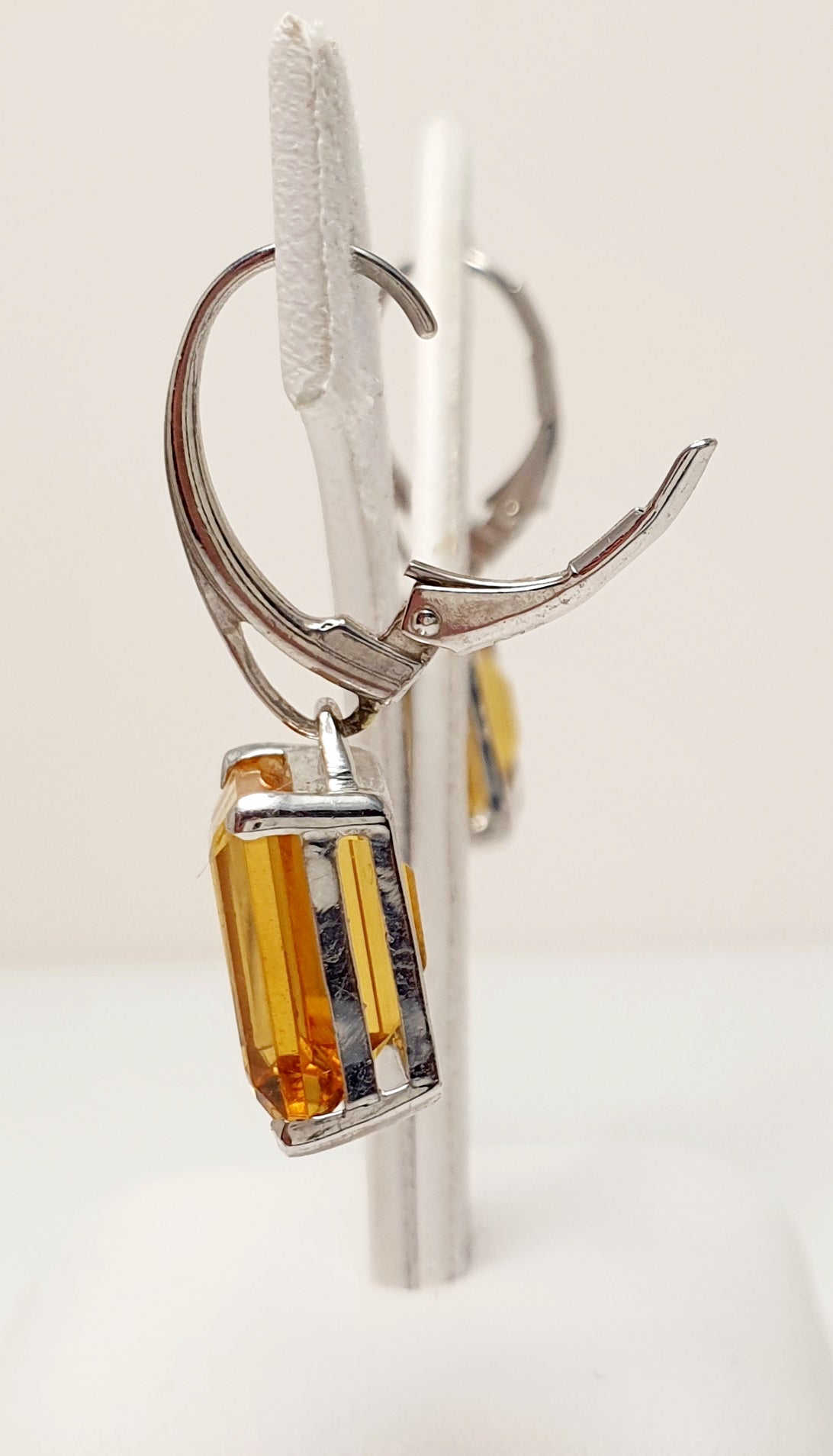 STERLING SILVER EMERALD CUT CITRINE LEVER BACK EARRINGS