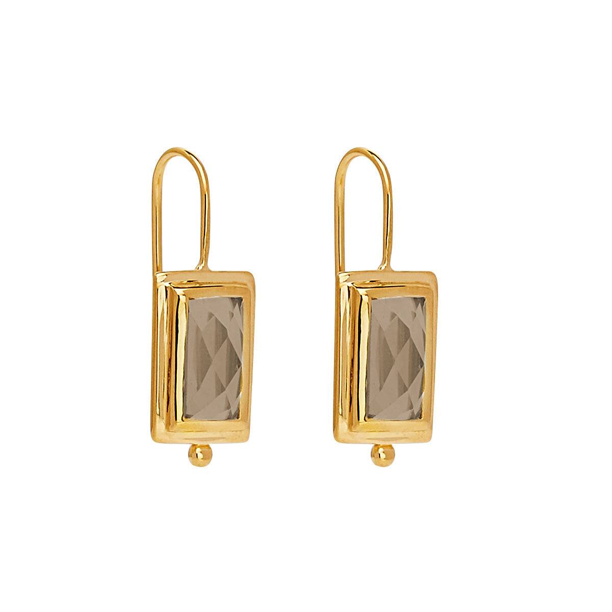 Najo Faceted Rectangle Smoky Quartz In Yellow Gold Plated Sterling Silver Hook Earrings