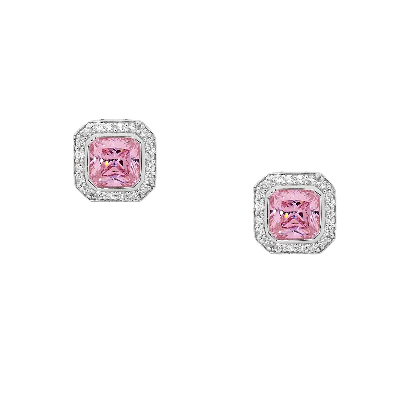 Sterling Silver Radiant Cut Pink Cubic Zirconia Earrings with White CZ surround