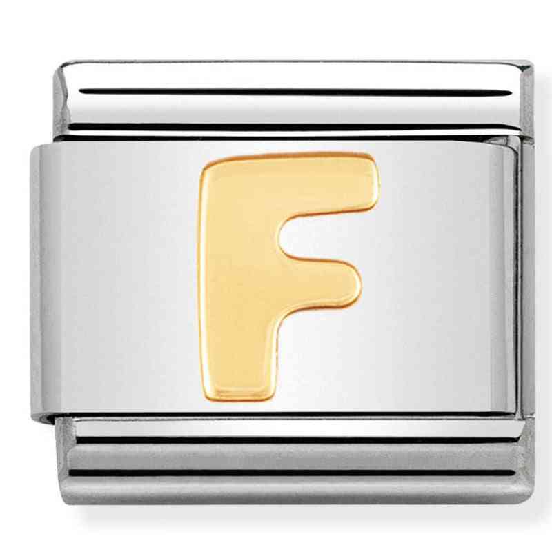 Nomination Letter F Bracelet Link Charm Stainless Steel With Solid 18ct Yellow Gold Letter F