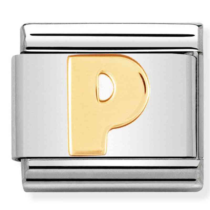 Nomination Letter P Bracelet Link Charm Stainless Steel With Solid 18K Yellow Gold Letter